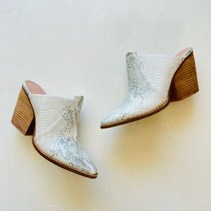 Chinese Laundry White Snake-Embossed Mule Heels
